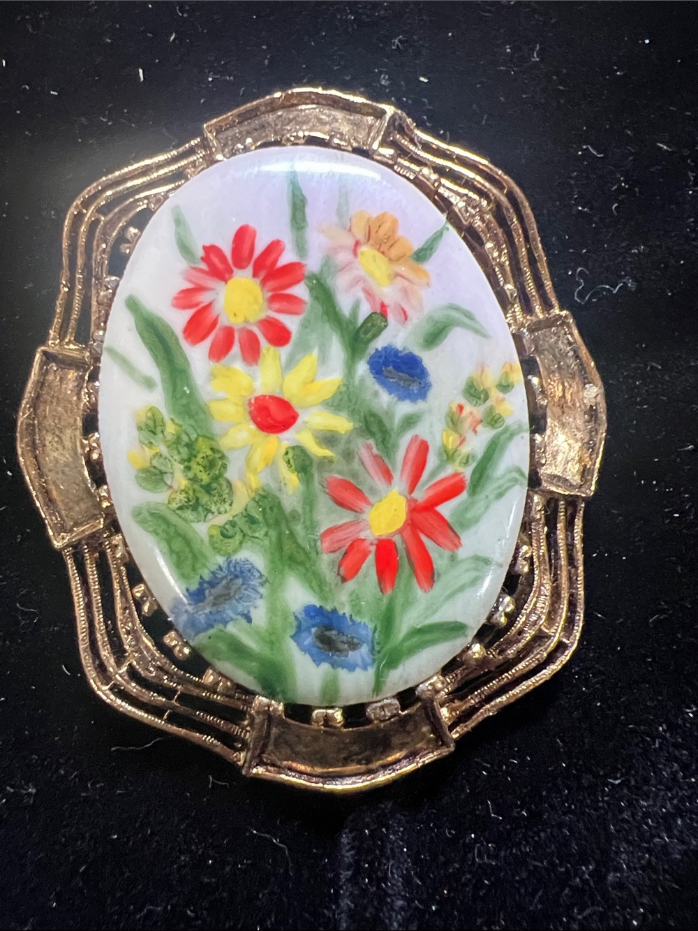 Vintage Hand-Painted Floral Porcelain Brooch with Gold-Tone Frame